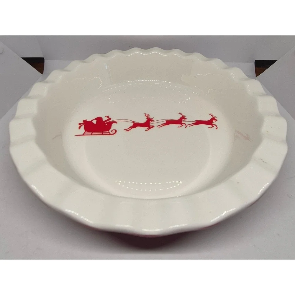 Ciroa Home Pie Dish White Red Christmas Santa Sleigh Reindeer Ruffled Stoneware